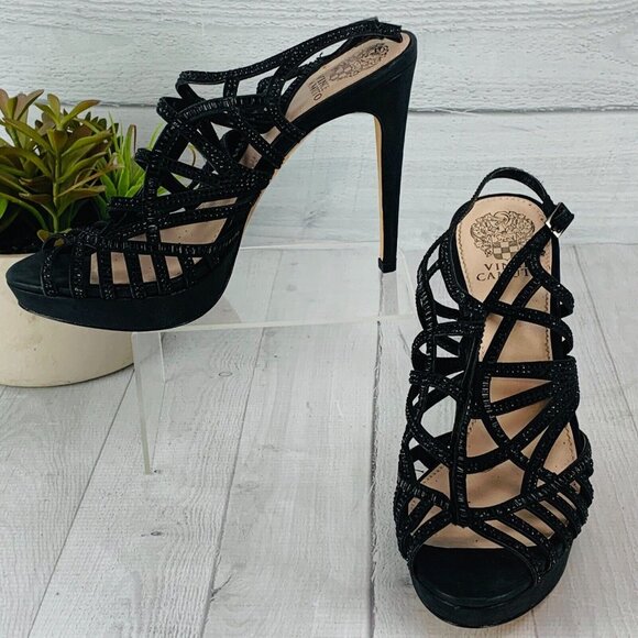 Vince Camuto Shoes - Vince Camuto VC JANENE Womens Black Beaded High Heel Slingback Sandals Sz 9.5 M